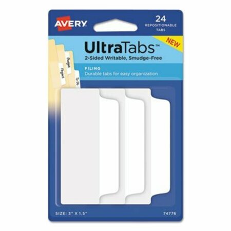 AVERY DENNISON Avery, ULTRA TABS REPOSITIONABLE WIDE TABS, 1/3-CUT TABS, WHITE, 3in WIDE, 24PK 74776